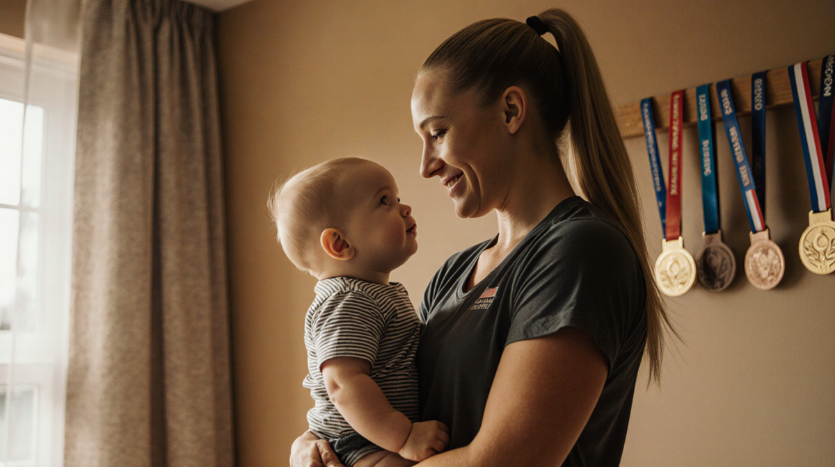 Kaillie Humphries standing with her one-year-old son Aulden with warm golden light and Olympic medals in the background