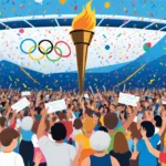 Crowd cheering around Olympic torch with winners holding tickets and colorful confetti floating above stadium