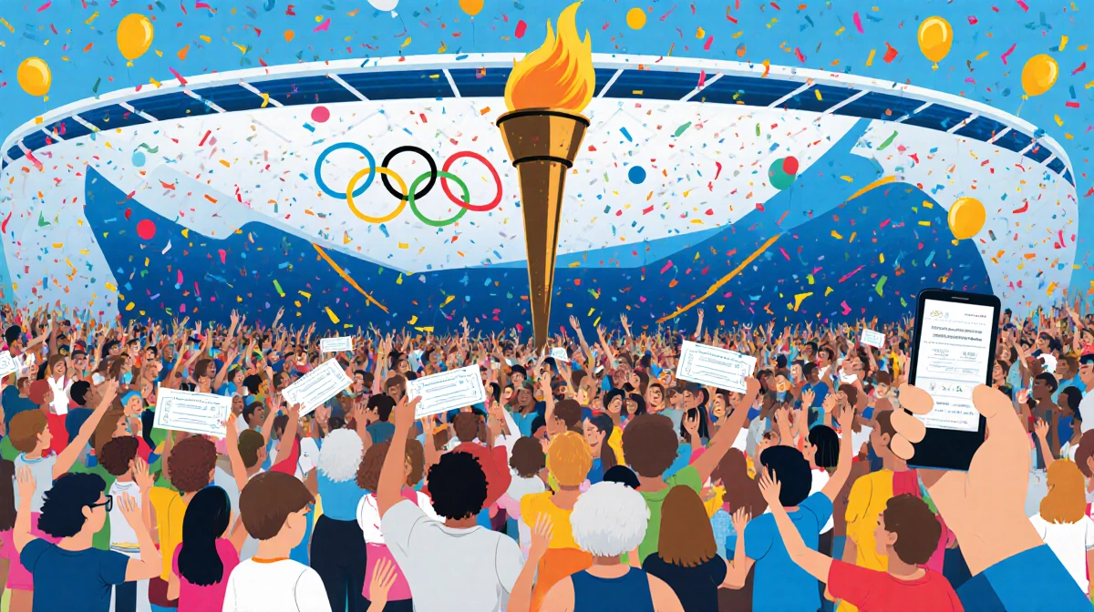 Crowd cheering around Olympic torch with winners holding tickets and colorful confetti floating above stadium