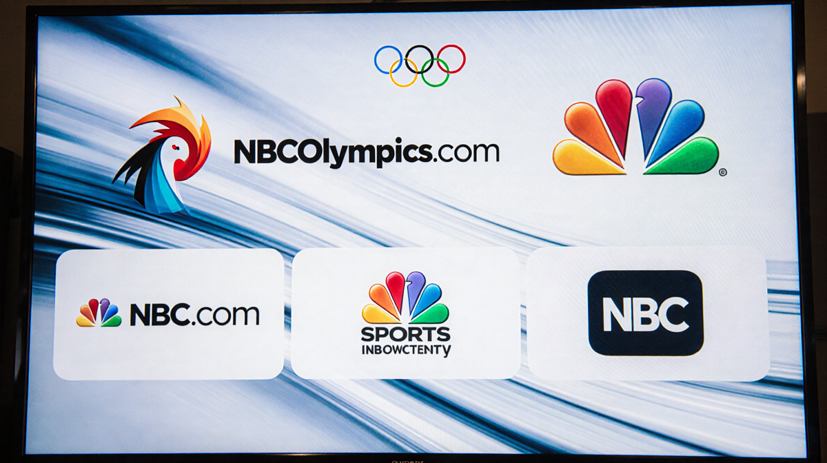 Modern TV screen showing Peacock and NBC logos overlapping with Olympic streaming branding and a subtle gradient blur.