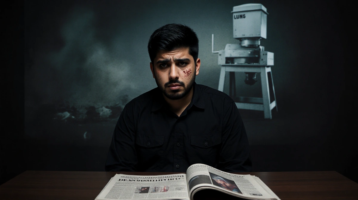 Omar Partida sits at newsroom desk with grief on his face and newspaper about father's workplace accident