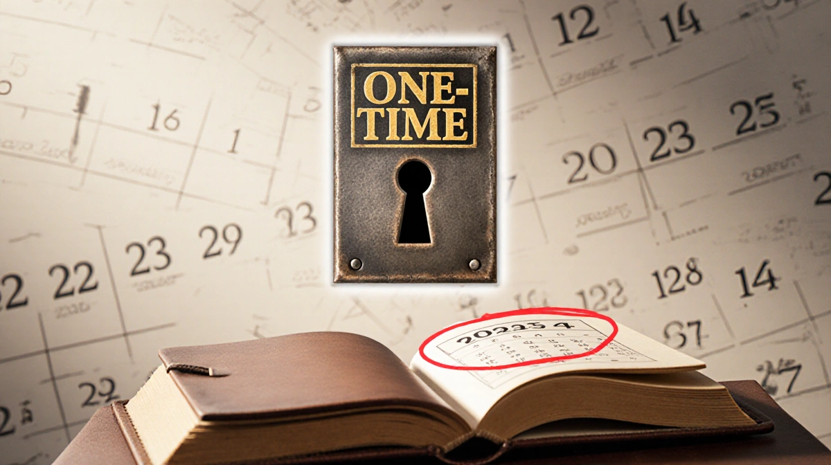 Golden keyhole stamped ONE-TIME rests on fading calendar pages with leather journal showing circled dates 2023-24