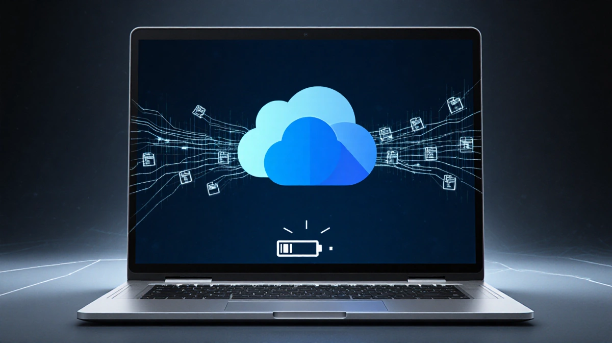 Futuristic laptop showing OneDrive cloud icon with low battery warning and file sync lines indicating data privacy concerns
