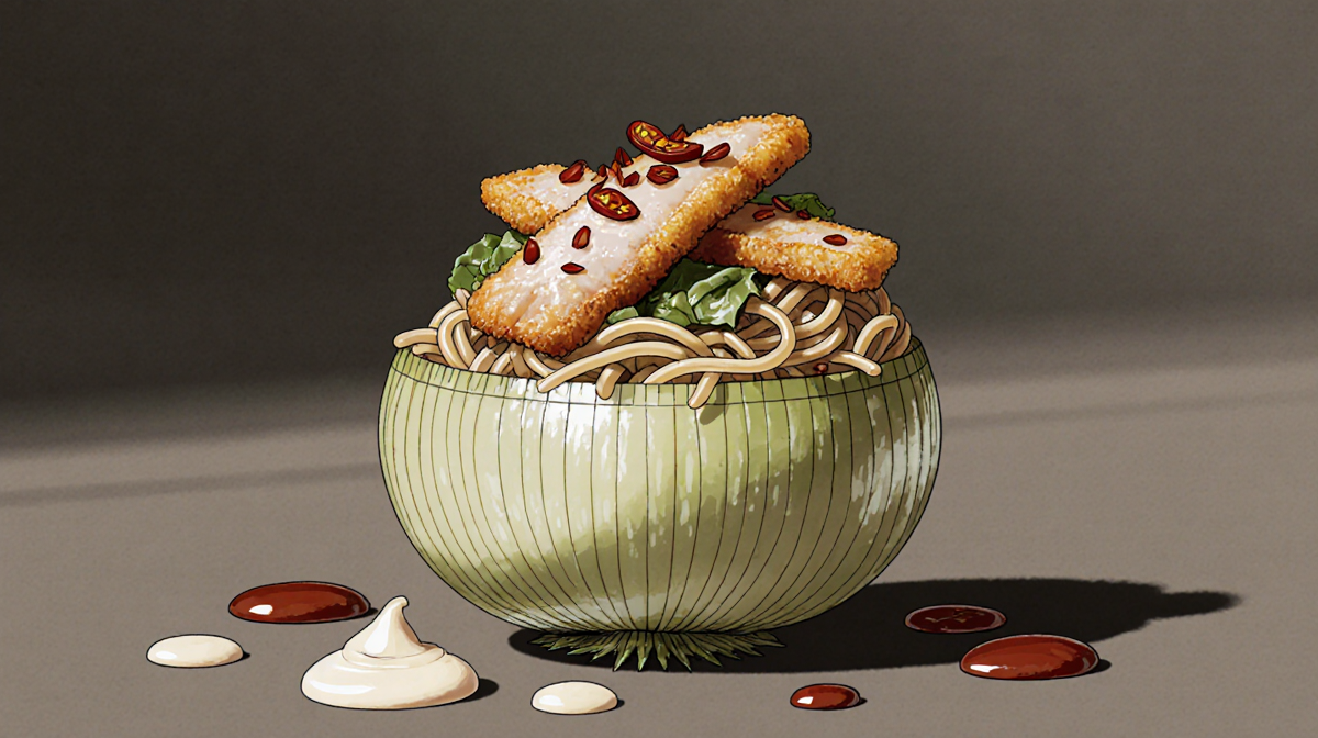 Onion cup filled with fried catfish and ramen noodles topped with chili flakes and drizzled soy sauce