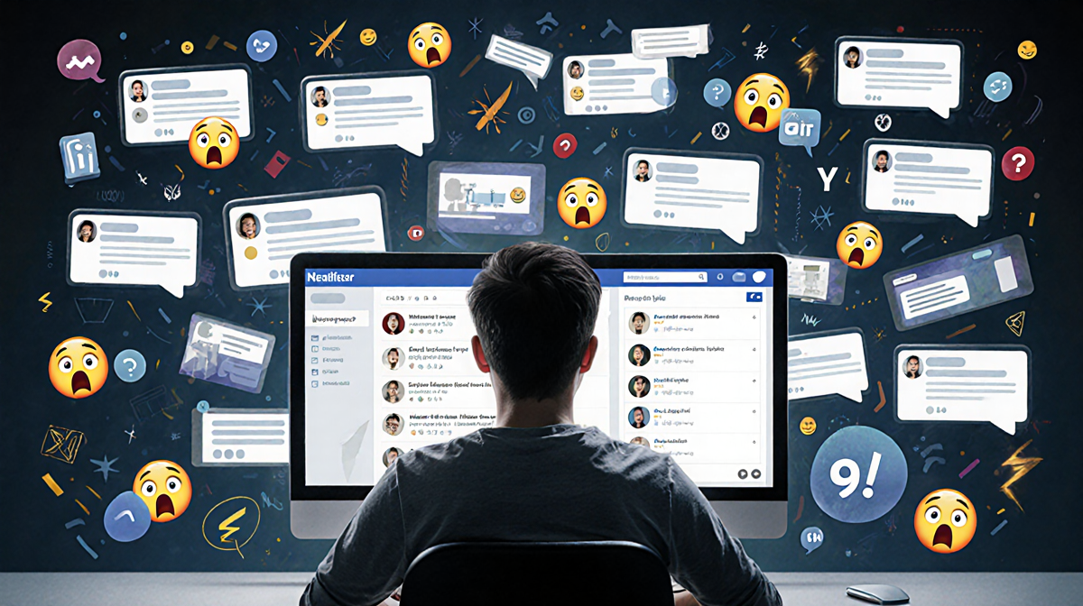 Person scrolling comments on laptop with surrounding screens showing emojis and critical text creating tension