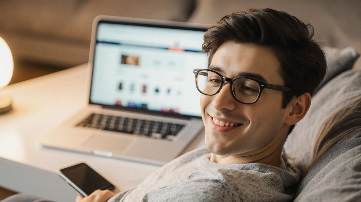 Young adult shopping online with laptop and prescription glasses while relaxing at home (89 chars)