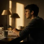 Young man sits alone at wooden desk with empty coffee cups and scripts showing determination and acceptance