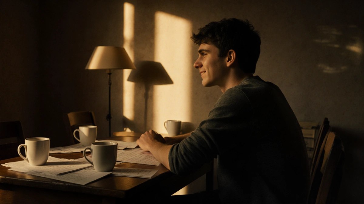 Young man sits alone at wooden desk with empty coffee cups and scripts showing determination and acceptance