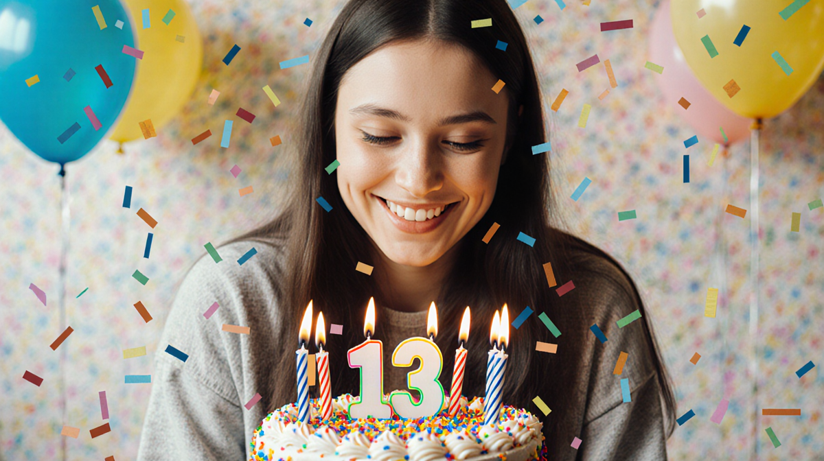 Oona Gray Seppälä smiles while sitting before a birthday cake with thirteen candles surrounded by balloons.
