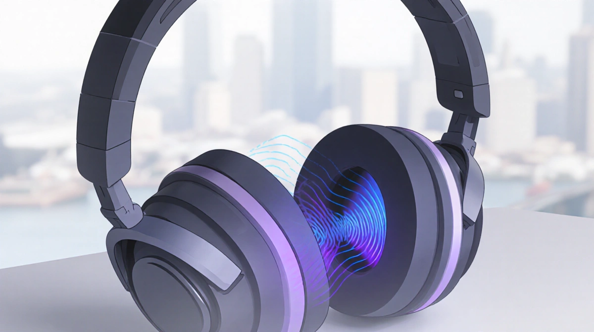 Open-ear headphones emit soft purple waves with active noise cancellation technology in blurred background