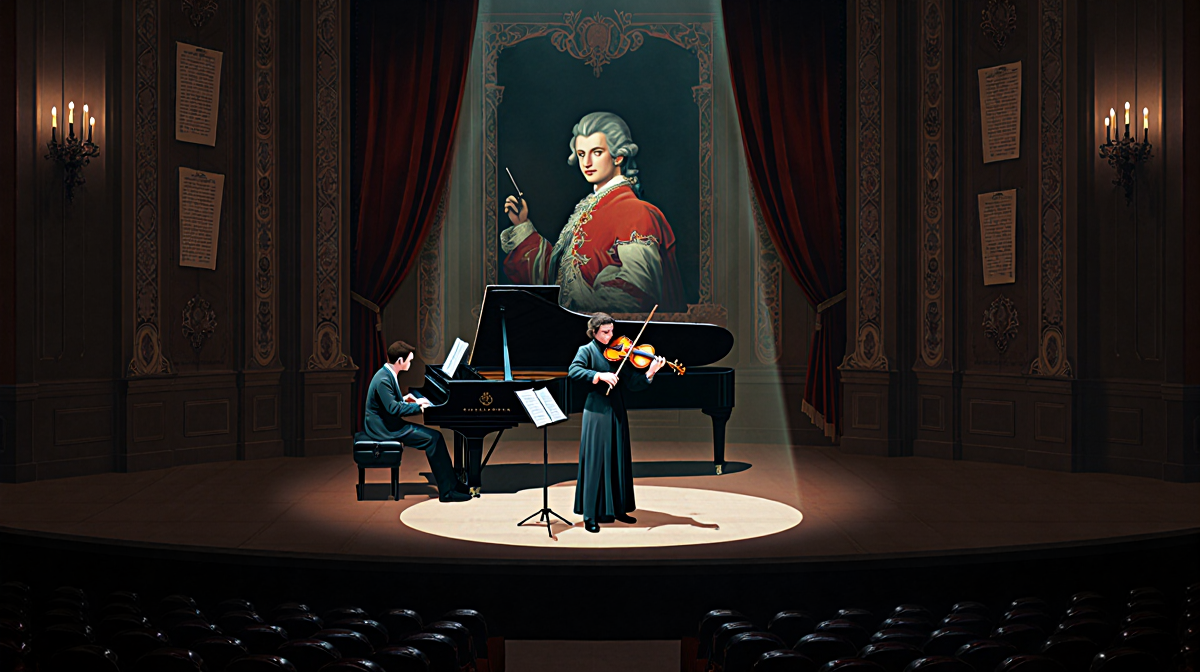 Violinist playing violin with spotlight on piano and Mozart scores in background on dim opera stage