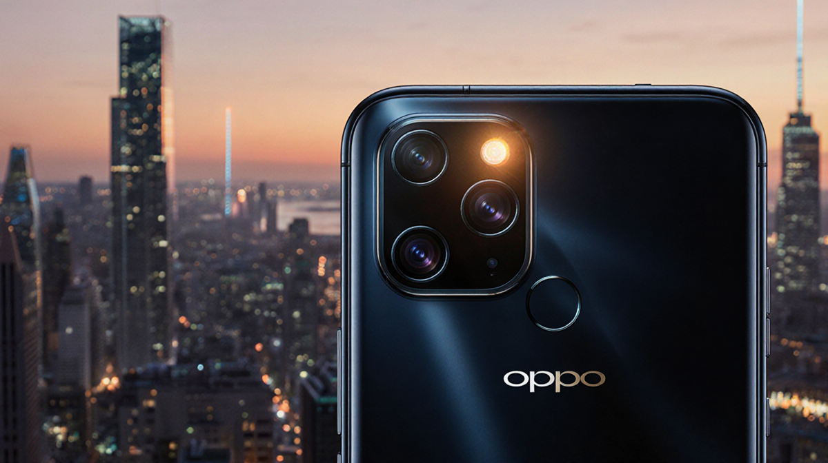 Oppo Find X9 Pro camera lens glowing with warm golden light and case on top with cityscape at dusk in background