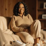 Oprah Winfrey relaxes in cozy living room with soft blankets and golden light wearing oatmeal sweater
