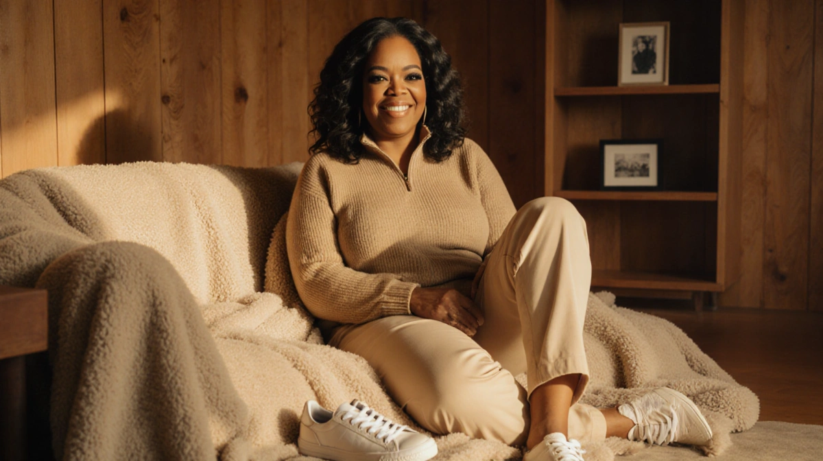 Oprah Winfrey relaxes in cozy living room with soft blankets and golden light wearing oatmeal sweater