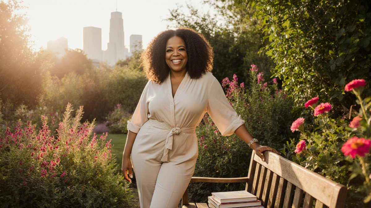 Oprah standing confidently in a green garden with a warm sun on her face and a bench holding books in front.