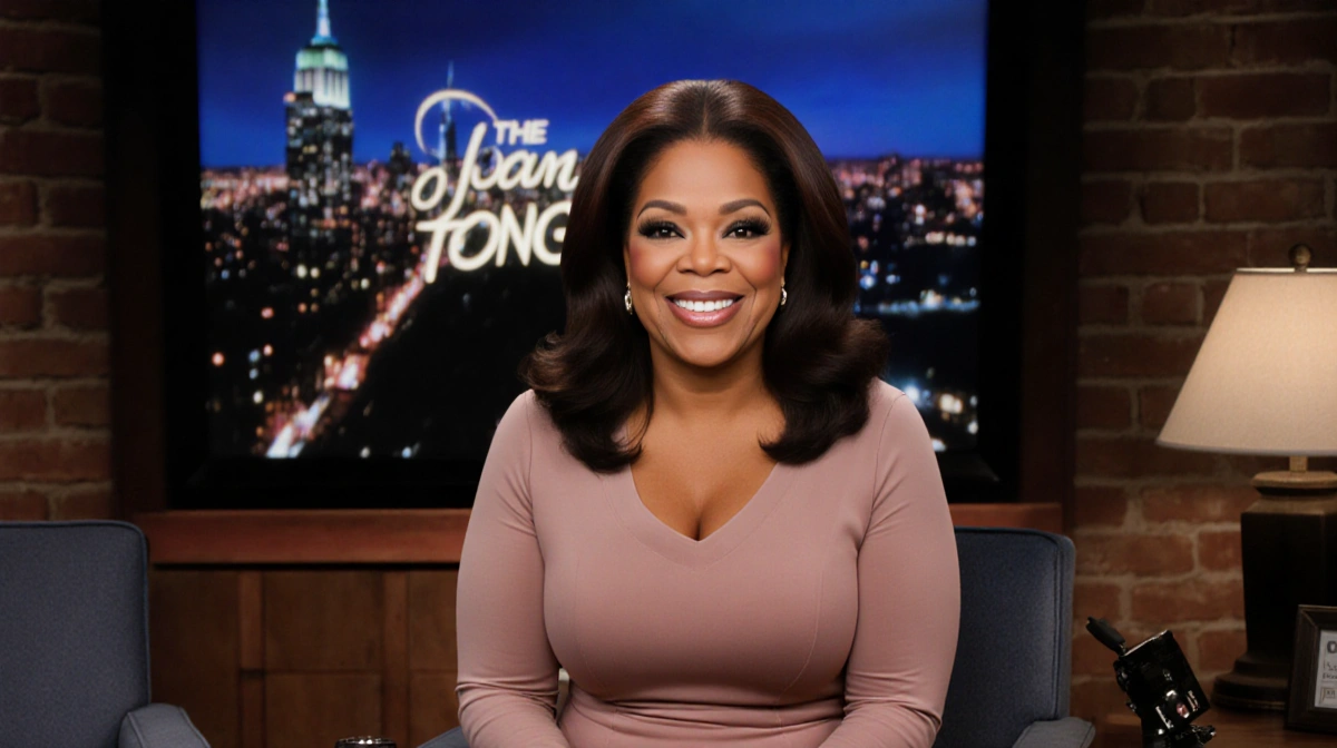 Oprah Winfrey sits uncomfortably before a TV showing Joan Rivers' smiling face with 1980s talk show set and comedy club eleme