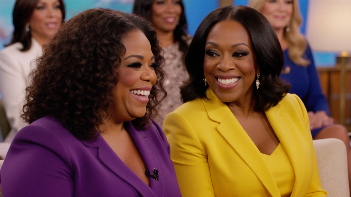 Oprah Winfrey and Whoopi Goldberg sharing warm conversation on The View with vibrant outfits and hosts visible behind them