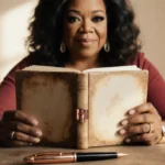 Oprah Winfrey holds vintage photo album with faded rose gold lock and elegant pen on wooden desk