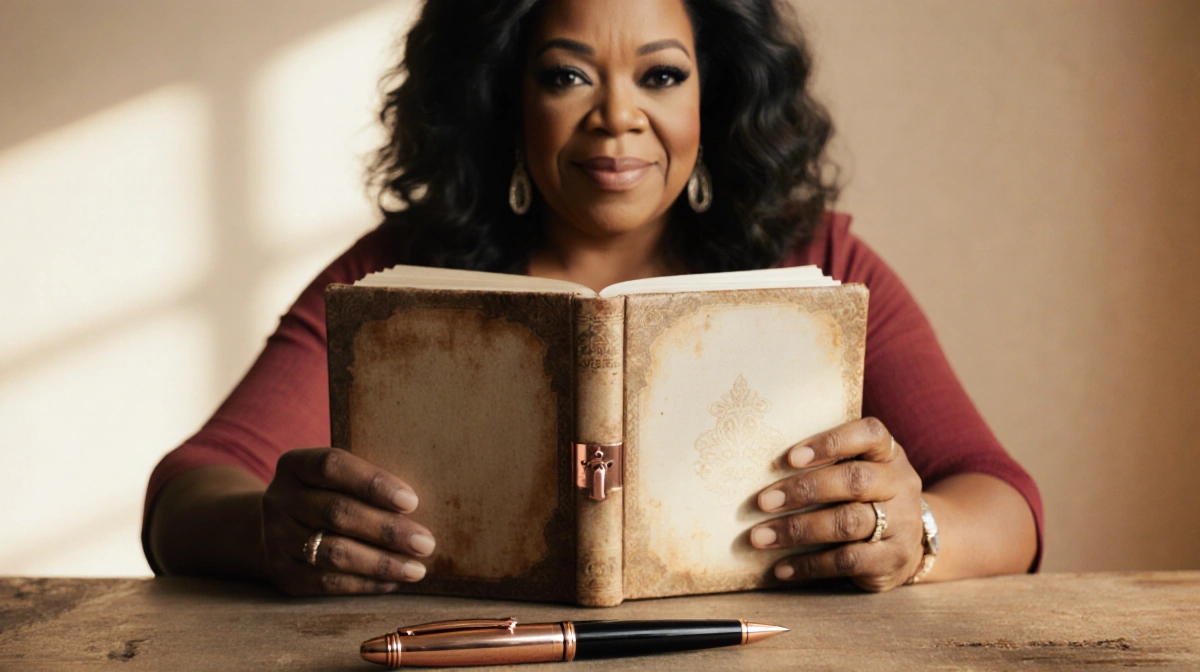 Oprah Winfrey holds vintage photo album with faded rose gold lock and elegant pen on wooden desk