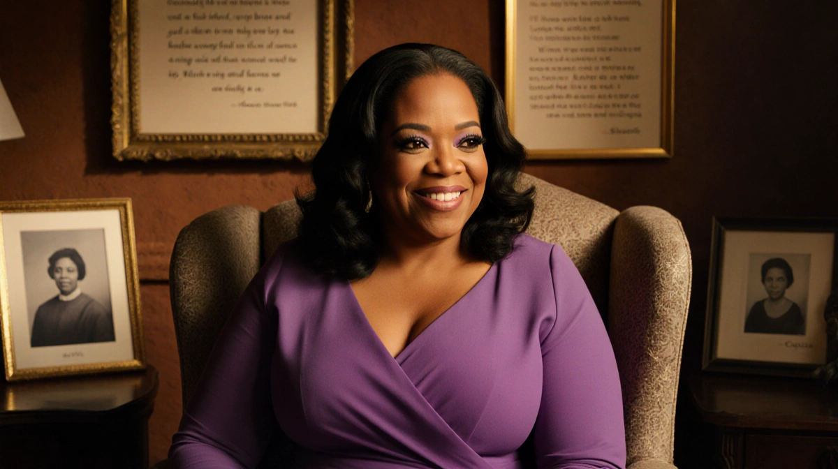Oprah Winfrey sits in armchair as Sofia from The Color Purple with framed photos and golden lighting showing strength