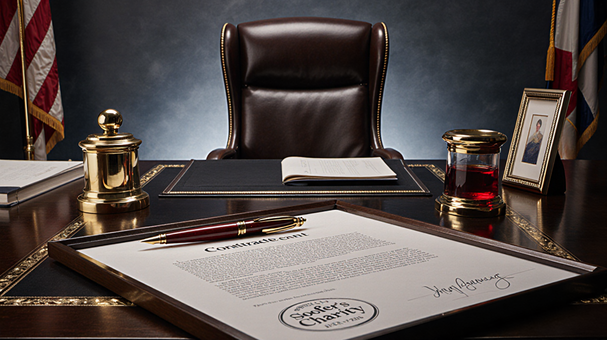 Luxury office desk holds gold-plated pen and empty chair with framed contract displaying Soofer charity logo