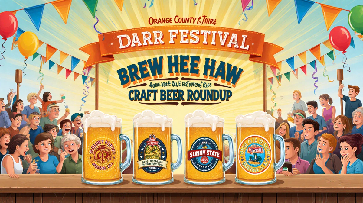 Beer enthusiasts sampling craft brews at Orange County Fair booth with colorful kegs and festive decorations