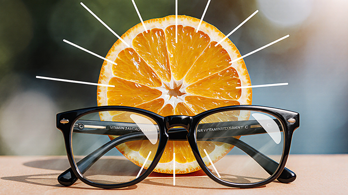 Slice of orange shows bright color and texture with UV rays passing through and glasses with cataract-like lenses perched on