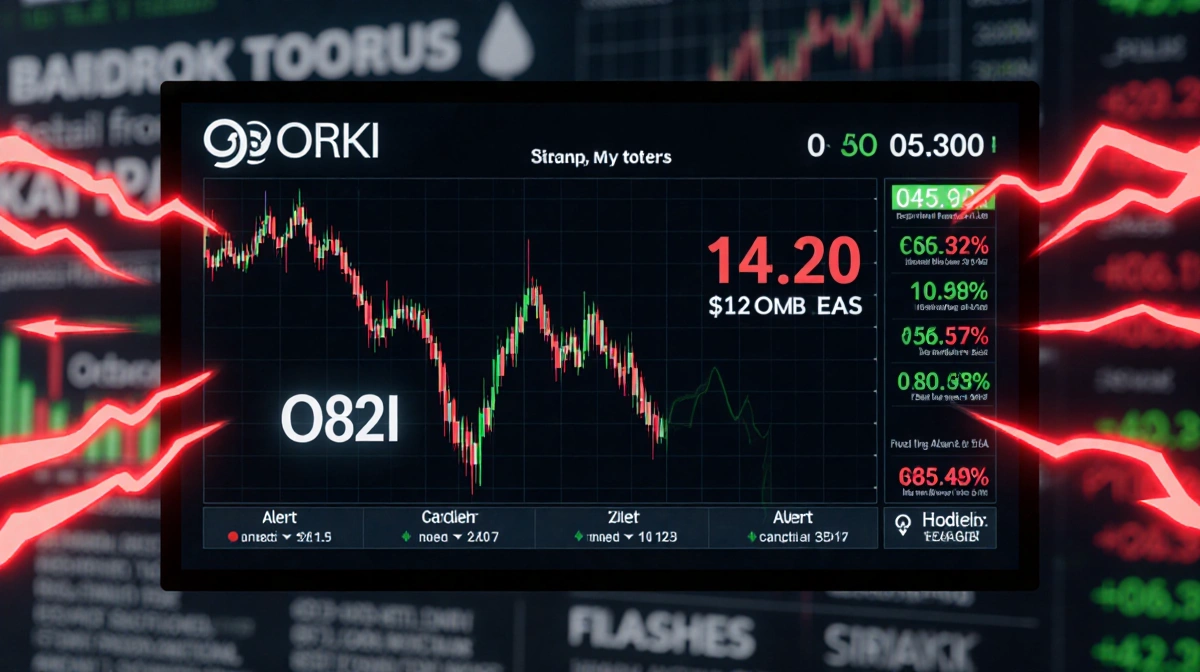 Stock ticker screen shows ORDI token price dropping 12% with red alerts flashing and blurred market charts behind