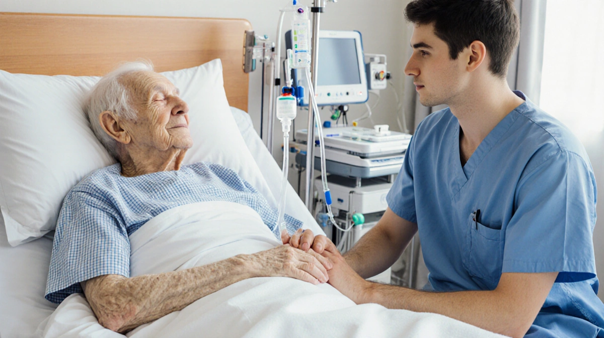 Elderly patient in hospital bed holds hands with younger adult connected by IV line showing organ donation and transplant hop