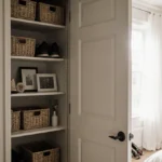Neatly organized closet with tidy shoe rack and baskets shows bedroom through slightly open door