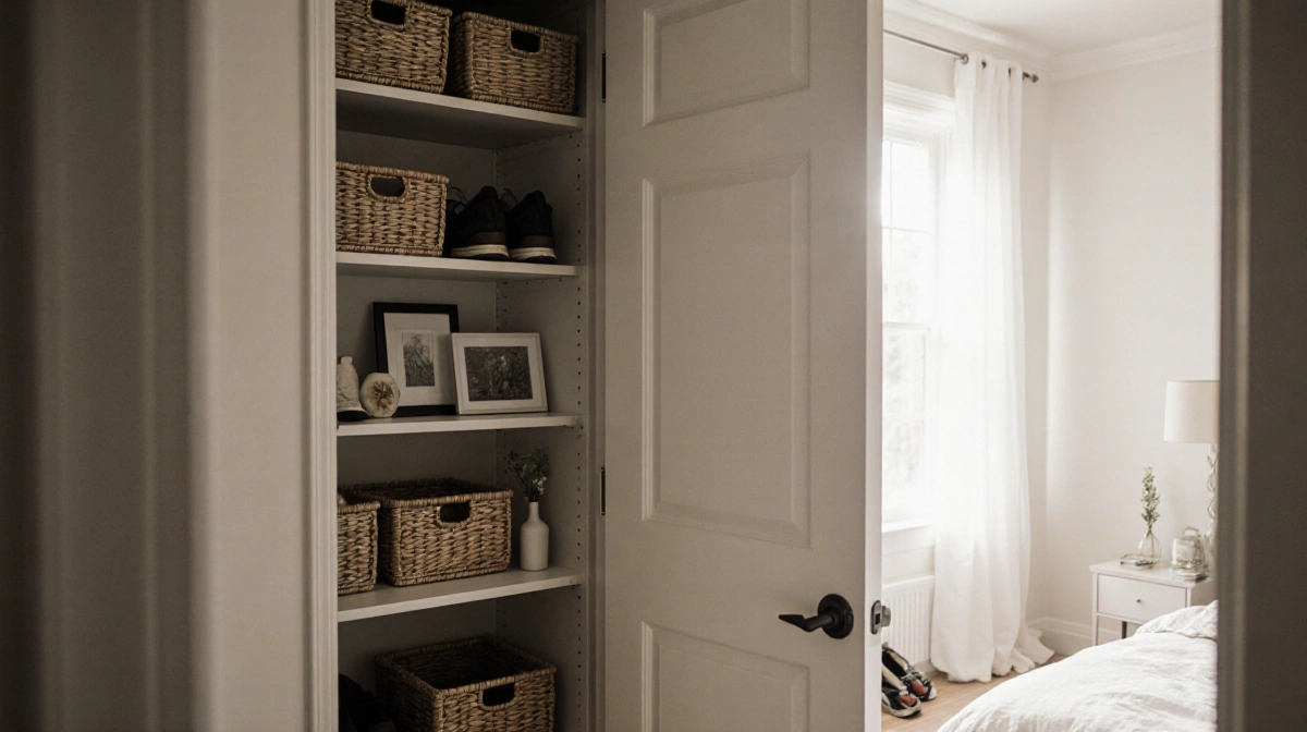 Neatly organized closet with tidy shoe rack and baskets shows bedroom through slightly open door
