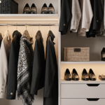 Closet displays neatly arranged clothing and accessories with a bold coat on an open shelf and warm lighting
