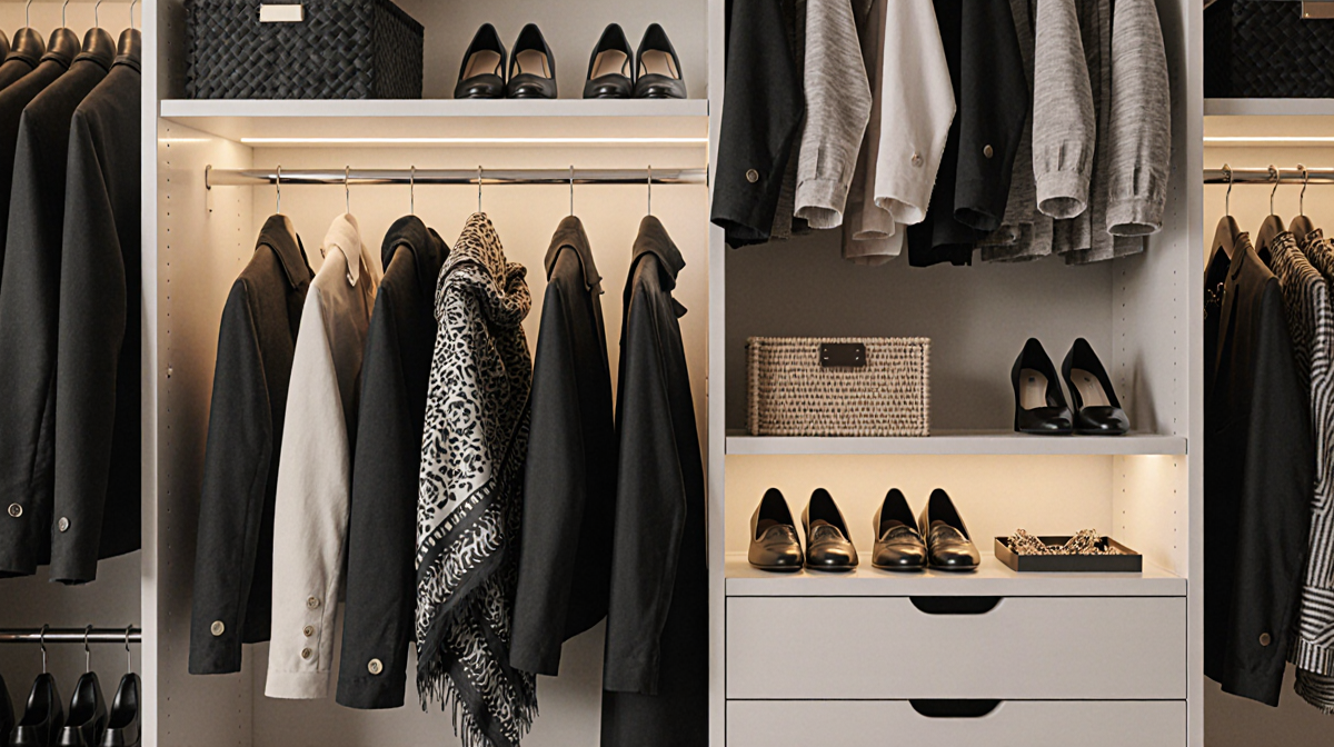 Closet displays neatly arranged clothing and accessories with a bold coat on an open shelf and warm lighting