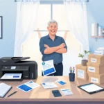 Middle-aged person stands triumphantly behind printer with freshly printed flyer and organized workspace showing branded stat