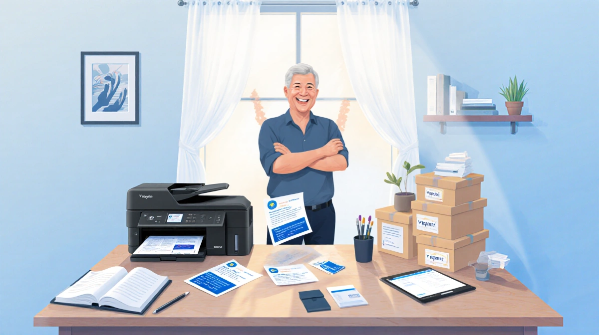Middle-aged person stands triumphantly behind printer with freshly printed flyer and organized workspace showing branded stat