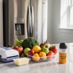 Clean refrigerator and organized kitchen counter display Amazon gadgets with vibrant fresh produce and natural light