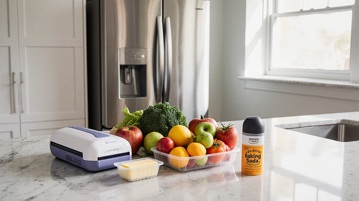 Clean refrigerator and organized kitchen counter display Amazon gadgets with vibrant fresh produce and natural light