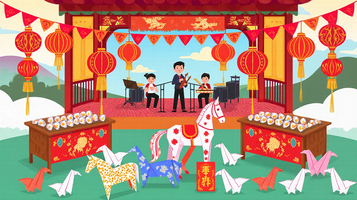 Children fold colorful origami horses and lanterns with red-gold festival decorations and performance stage in background