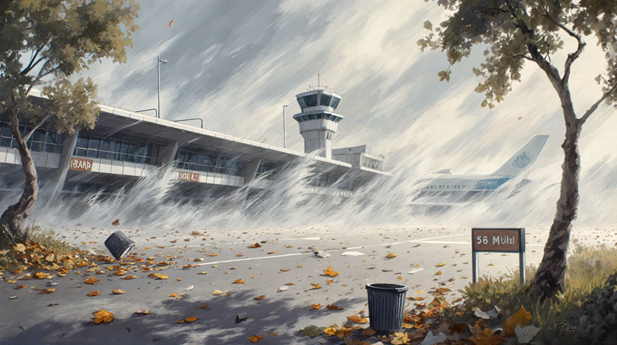 Strong wind gusts sweep across Orlando airport runway with debris flying and trees bending near terminal