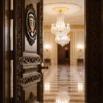 Ornate door opens into grand ballroom with crystal chandeliers and presidential seal etched into frame