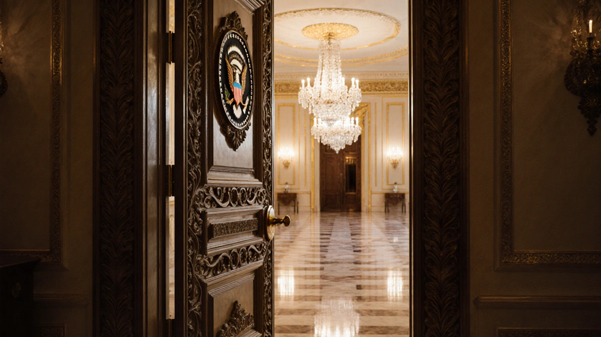 Ornate door opens into grand ballroom with crystal chandeliers and presidential seal etched into frame