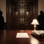 Grand carved door opens with world leaders