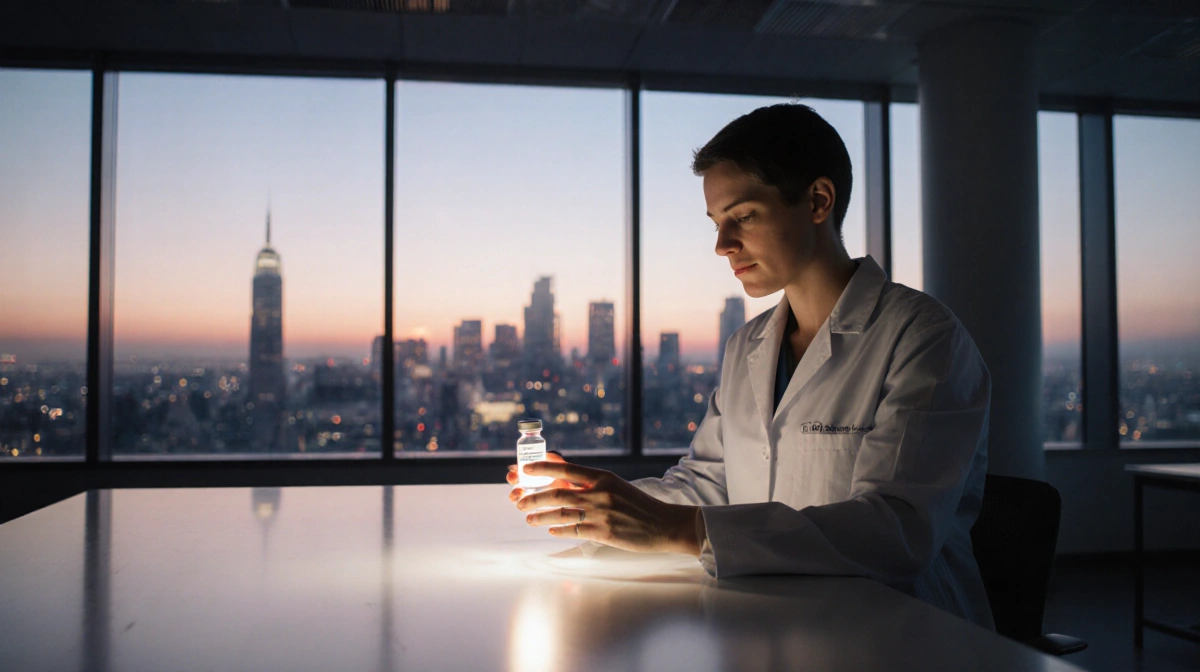 Scientist examines glowing medication vial with sunset light streaming through windows and city skyline beyond