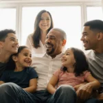 Oscar De La Hoya sits with his six children in sunlit living room with wife Shelly Fario smiling nearby