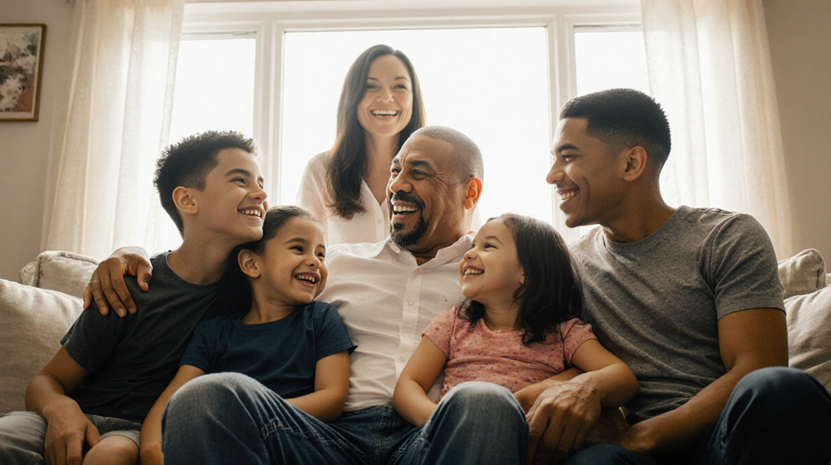 Oscar De La Hoya sits with his six children in sunlit living room with wife Shelly Fario smiling nearby