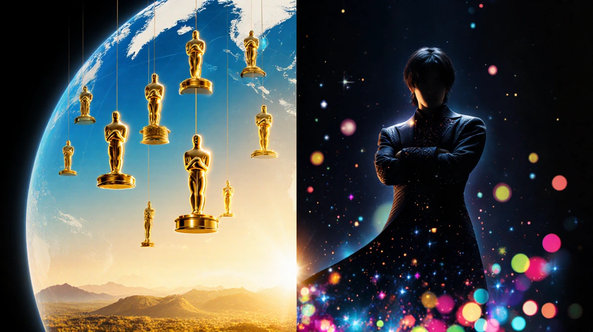 Globe splits into golden Oscar statuettes on one side and a K-pop demon hunter silhouette on the other with colorful sparklin