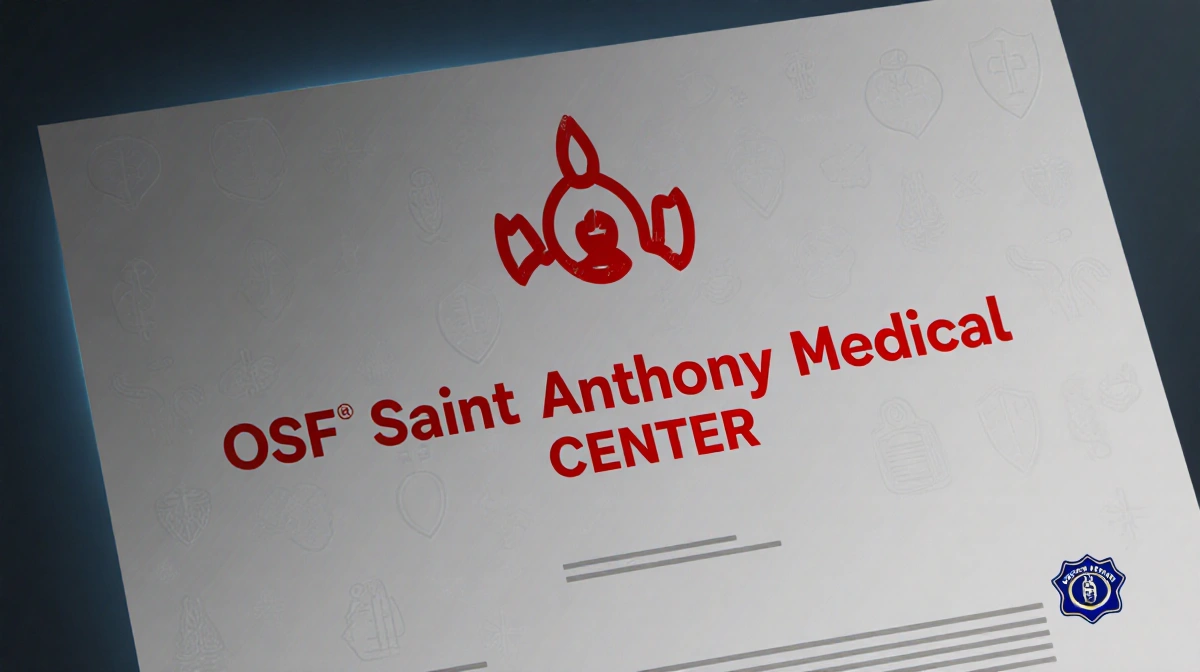 Hospital letter showing OSF Saint Anthony Medical Center in red with police badge and medical symbols