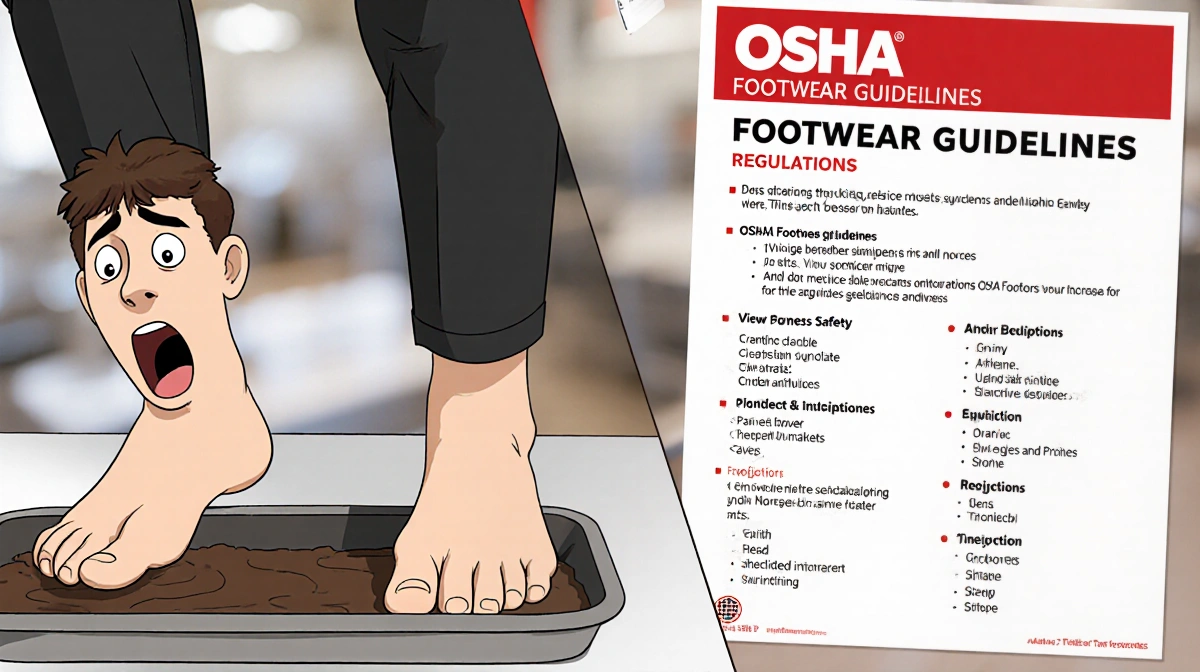 Person stepping onto baking pan with shocked employee and OSHA safety poster showing footwear requirements