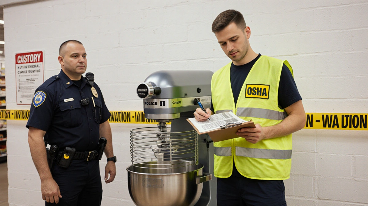 Investigator in yellow safety vest stands with police officer near industrial dough mixer with clipboard and safety signs