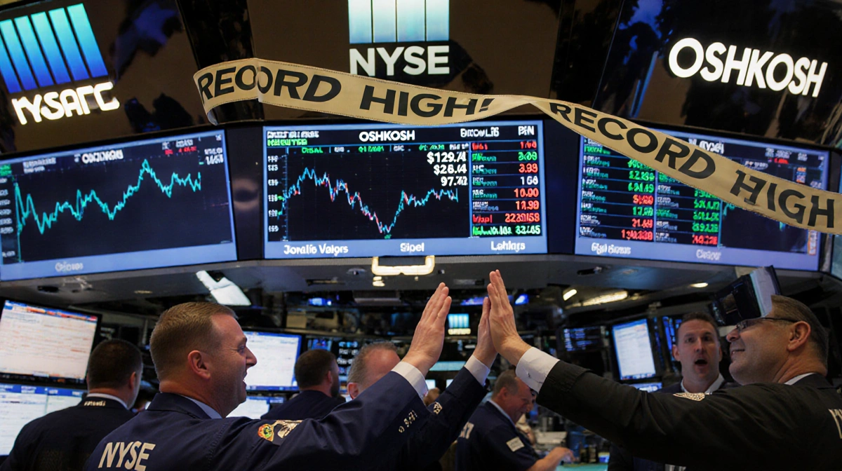 Traders celebrate on stock floor with Oshkosh closing at $128.74 and ticker showing RECORD HIGH
